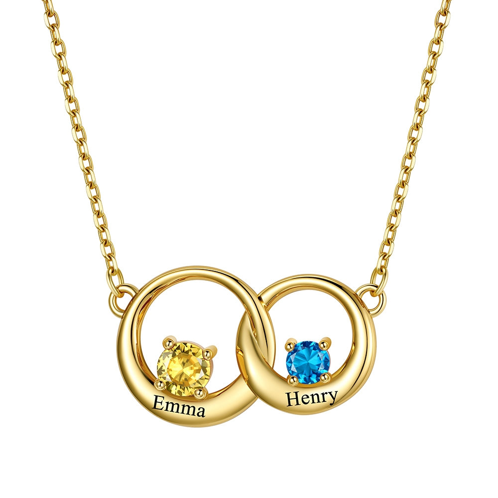 Custom Family Birthstones Necklace With 2 Interlocking Circles in Gold Plated