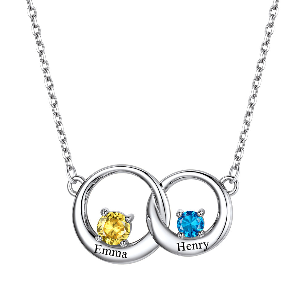 Custom Family Birthstones Necklace With 2 Interlocking Circles in stainless steel