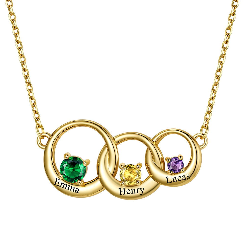 Custom Family Birthstones Necklace With 3 Interlocking Circles in Gold Plated