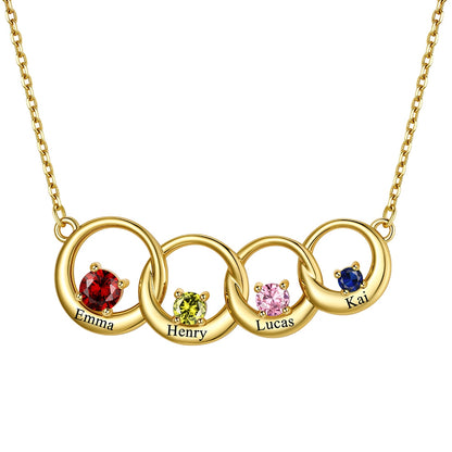 Custom Family Birthstones Necklace With 4 Interlocking Circles in Gold Plated