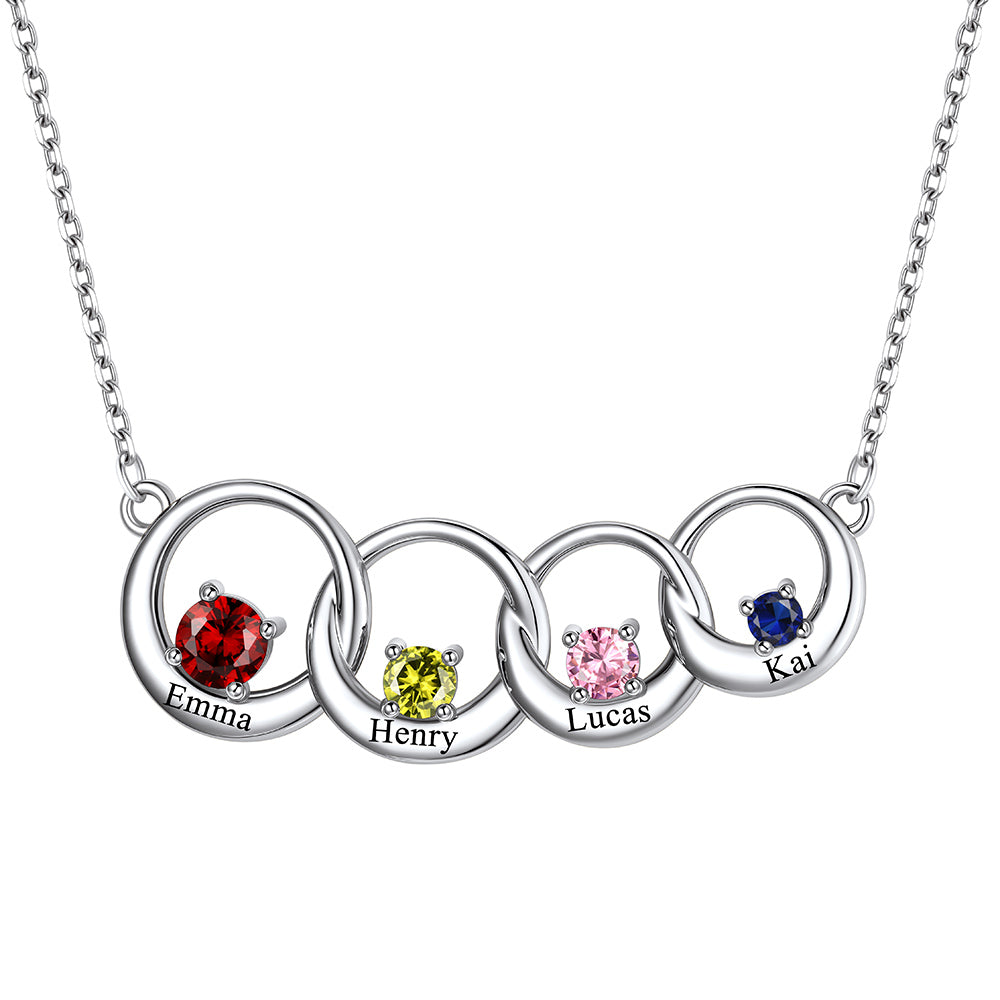 Custom Family Birthstones Necklace With 4 Interlocking Circles in stainless steel