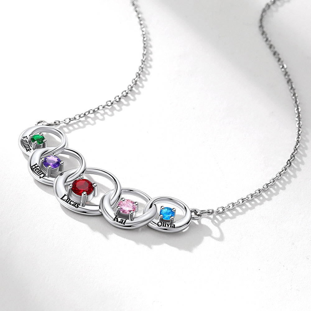 Custom Family Birthstones Necklace With 5 Interlocking Circles