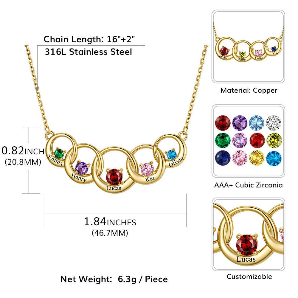 Custom Family Birthstones Necklace With 5 Interlocking Circles Dimension, Durable