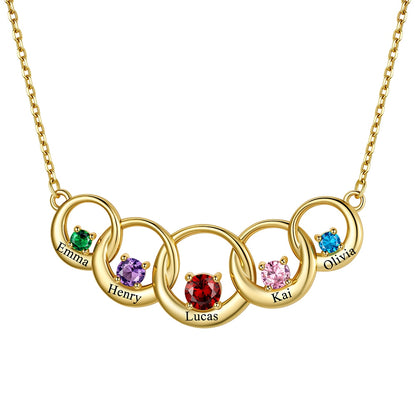 Custom Family Birthstones Necklace With 5 Interlocking Circles in Gold Plated