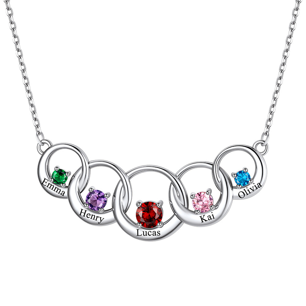 Custom Family Birthstones Necklace With 5 Interlocking Circles in stainless steel