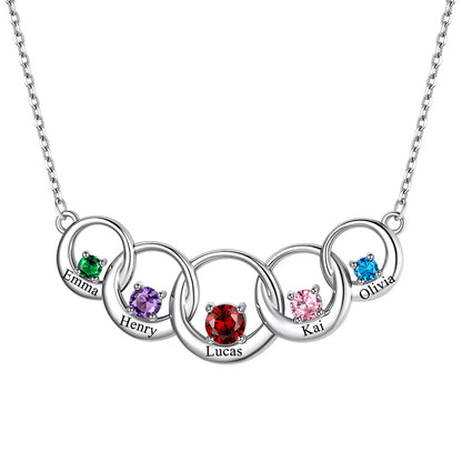 Custom Family Birthstones Necklace With 5 Interlocking Circles in stainless steel