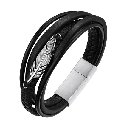 Custom Feather Leaf Braided Leather Bracelet for Men