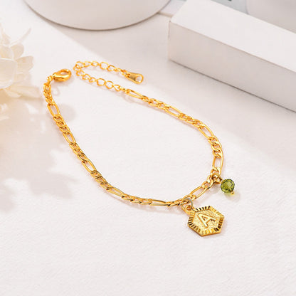 Custom Figaro Chain Initial Birthstone Charm Anklet 