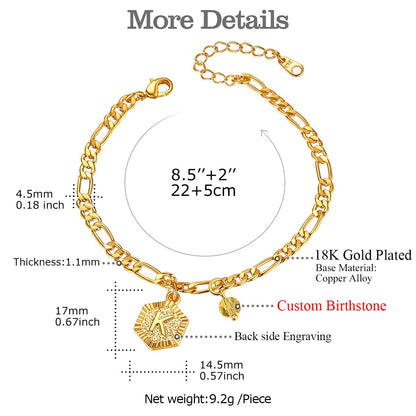 Custom Figaro Chain Initial Birthstone Charm Anklet Dimension, Durable