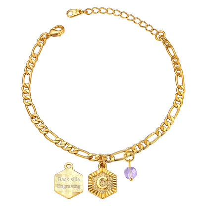 Custom Figaro Chain Initial C Birthstone Charm Anklet