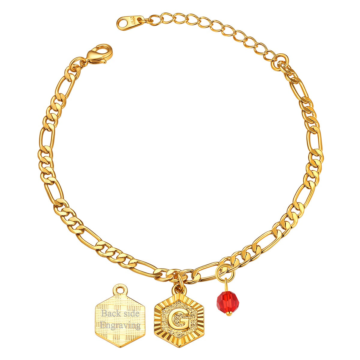 Custom Figaro Chain Initial G Birthstone Charm Anklet