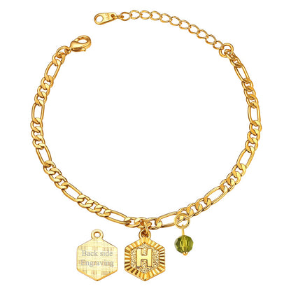 Custom Figaro Chain Initial H Birthstone Charm Anklet