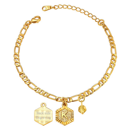 Custom Figaro Chain Initial K Birthstone Charm Anklet