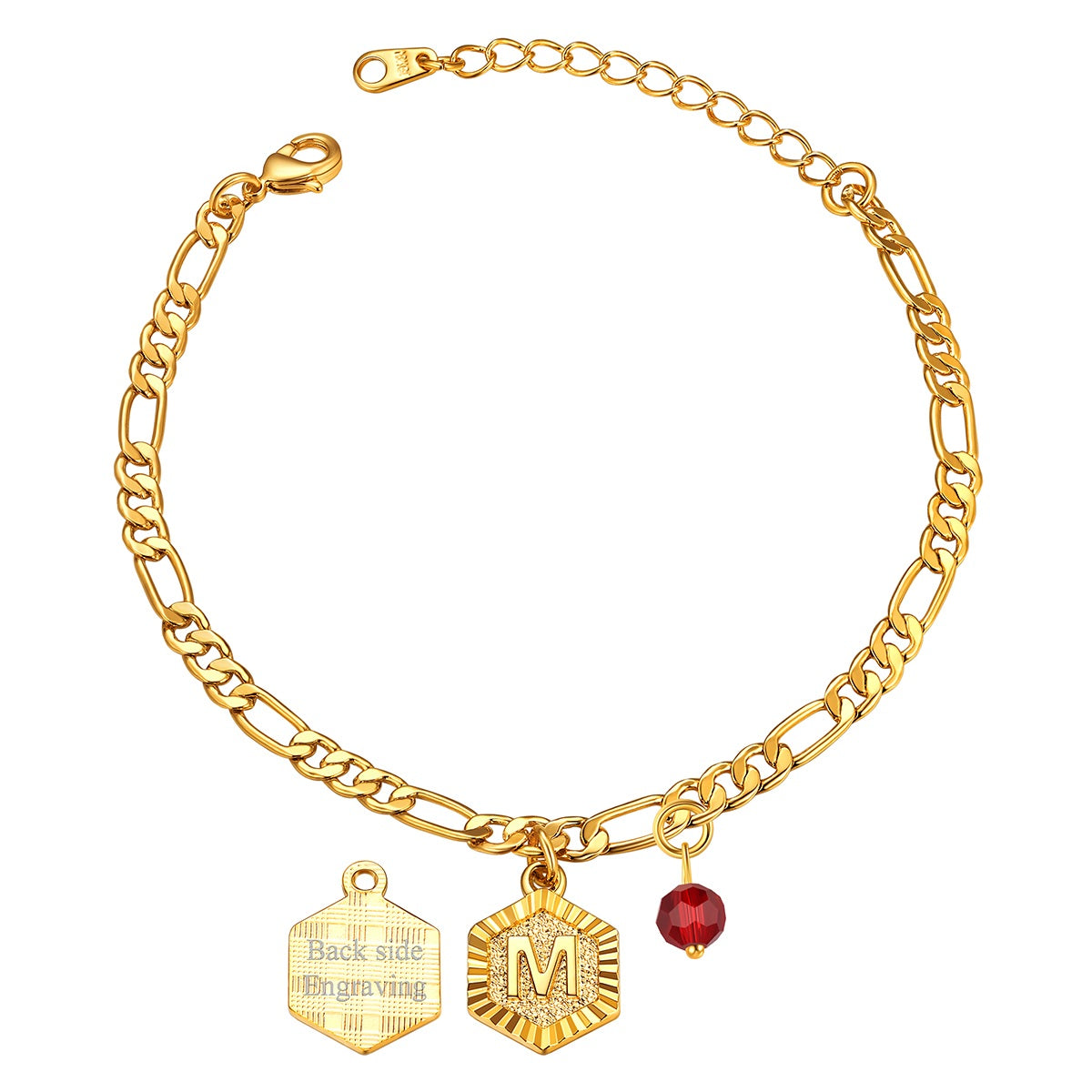 Custom Figaro Chain Initial M Birthstone Charm Anklet