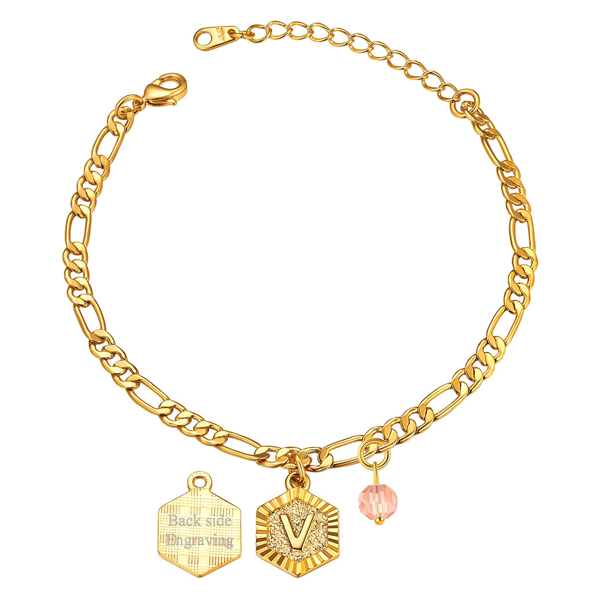 Custom Figaro Chain Initial  V Birthstone Charm Anklet