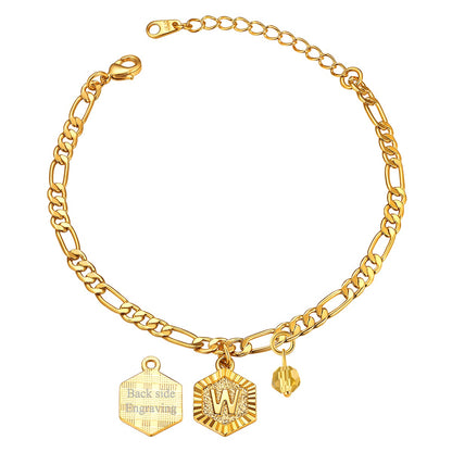Custom Figaro Chain Initial W Birthstone Charm Anklet