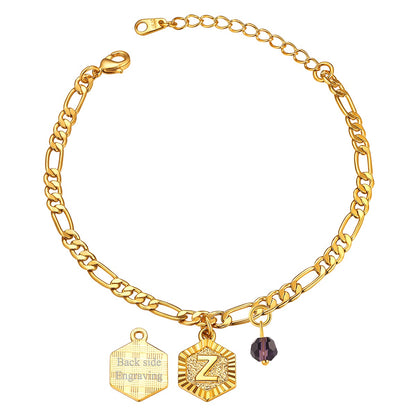 Custom Figaro Chain Initial Z Birthstone Charm Anklet