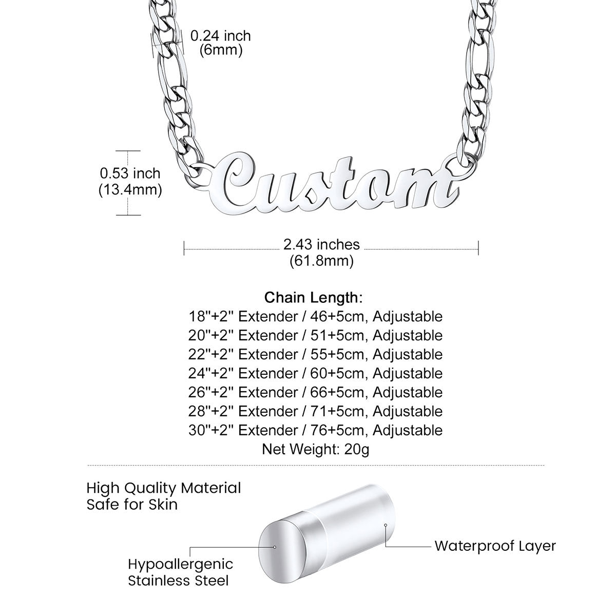 Custom Figaro Chain Name Necklace: Dimension, Durable, Solid