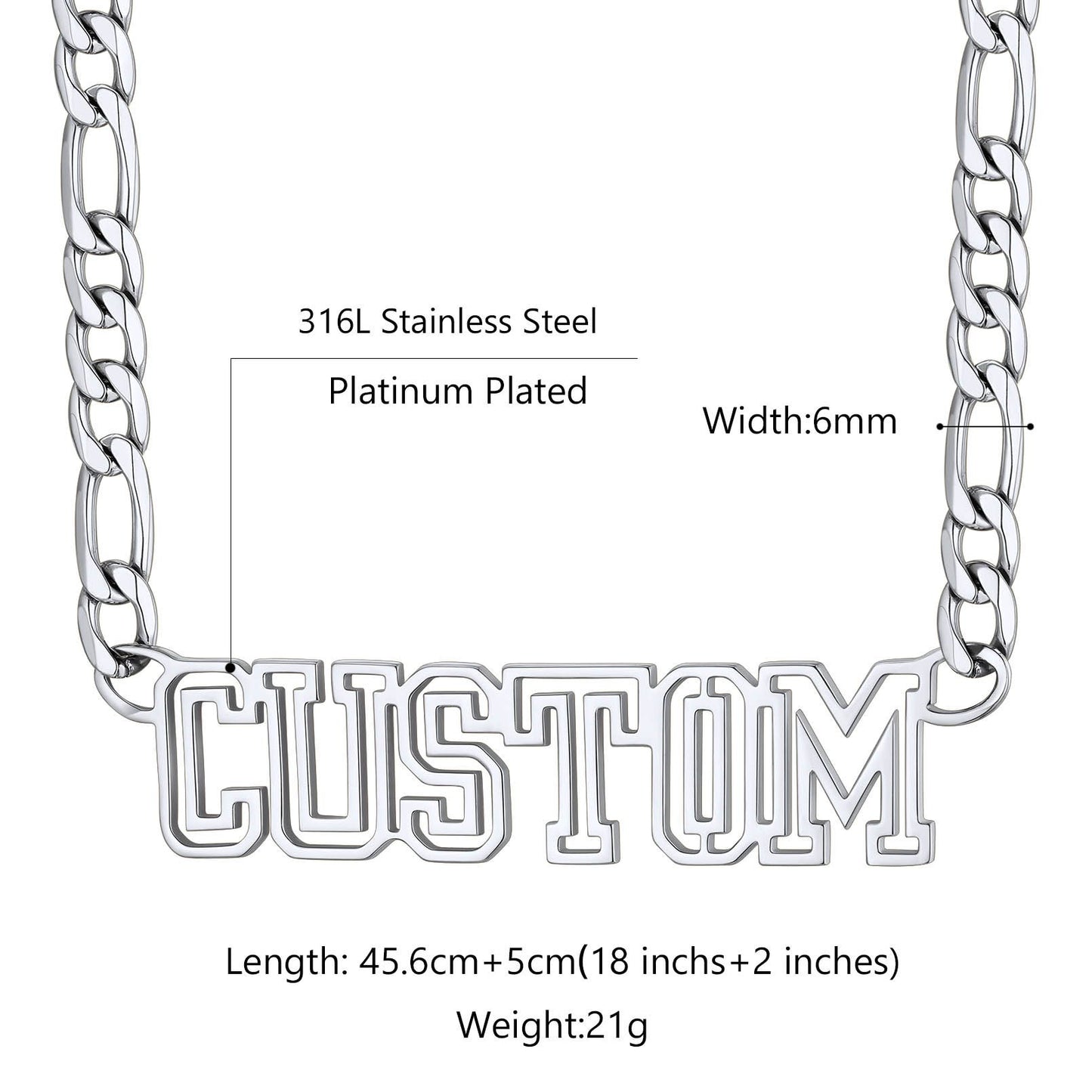 Custom Figaro Chain Name Plate Necklace Stainless Steel: Dimension, Durable, Solid