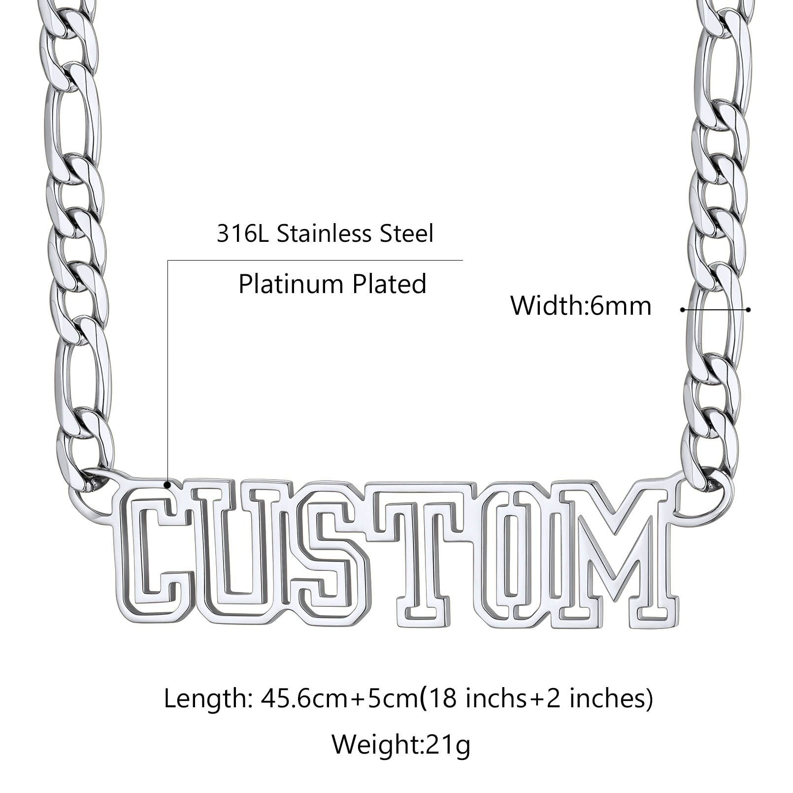 Custom Figaro Chain Name Plate Necklace Stainless Steel: Dimension, Durable, Solid