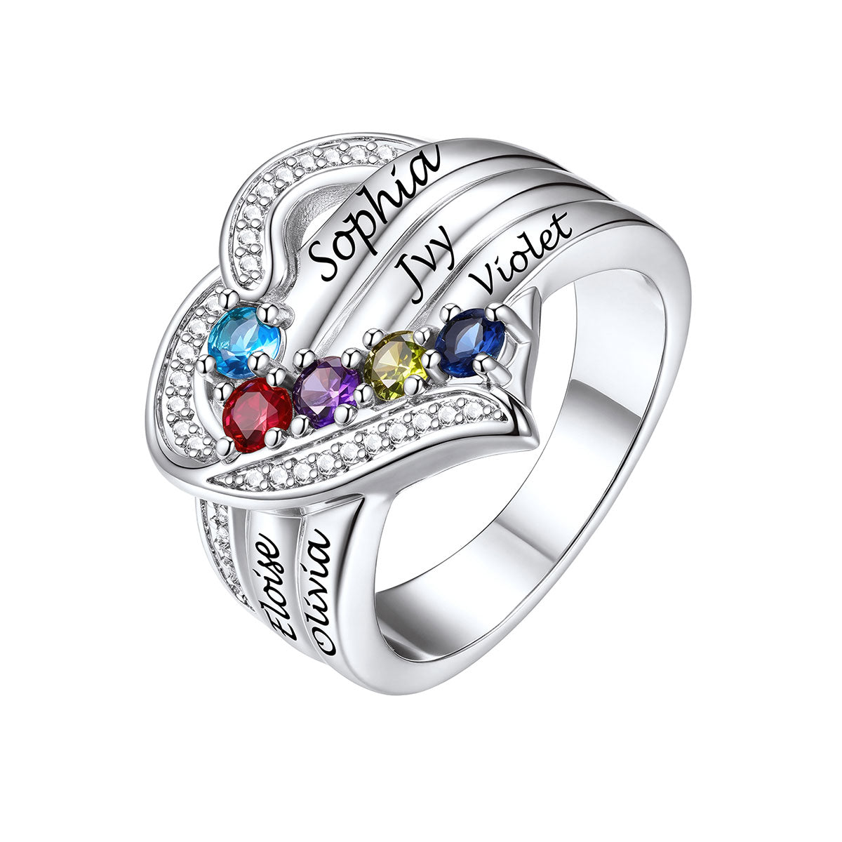 Custom Heart Birthstone Rings for Women Custom 5 Names