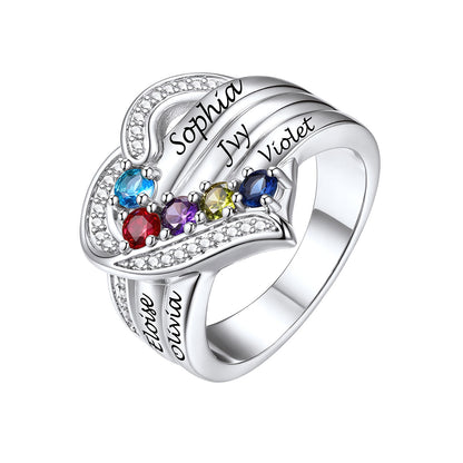Custom Heart Birthstone Rings for Women Custom 5 Names