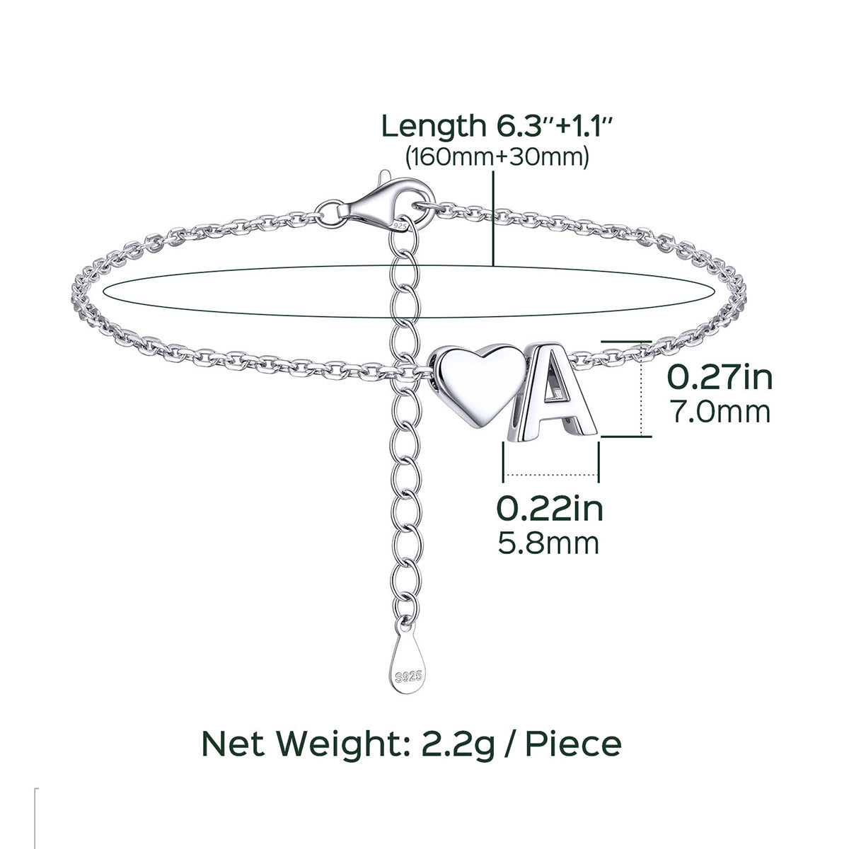 Custom Heart Initial Bracelet Dimension, Durable