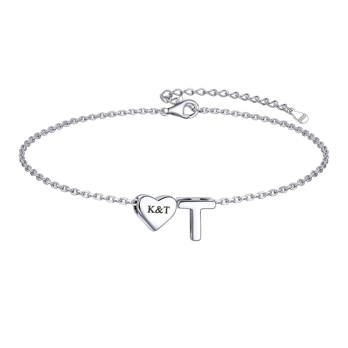 Custom Heart Initial T Bracelet for Women