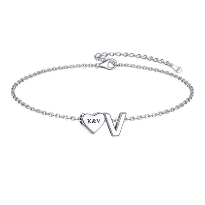 Custom Heart Initial V Bracelet for Women