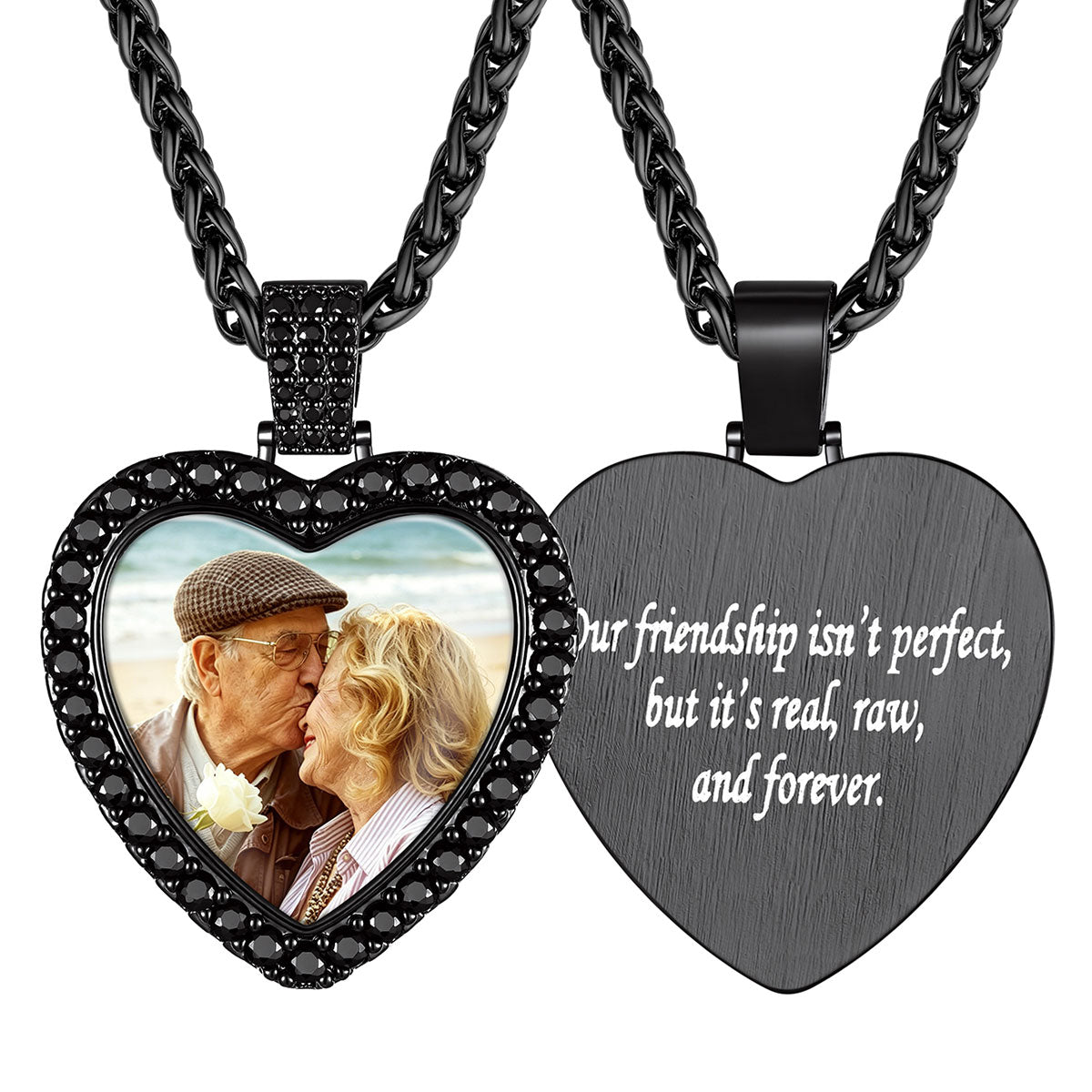 Custom Heart Photo Pendant Necklace With Black Cubic Zirconia on a white background