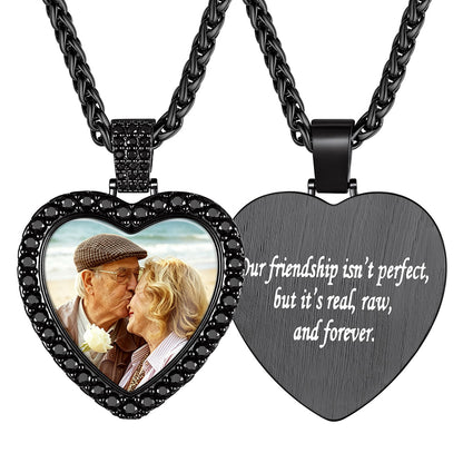 Custom Heart Photo Pendant Necklace With Black Cubic Zirconia on a white background
