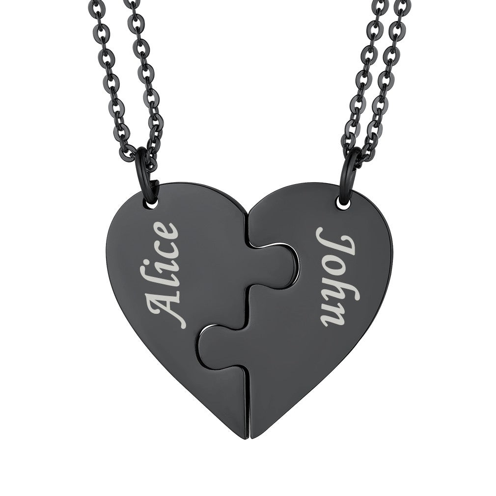 Custom Heart Puzzle Matching Couple Necklace Black