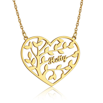 Custom Heart Tree of Life Heart Necklace with 1 Names Gold