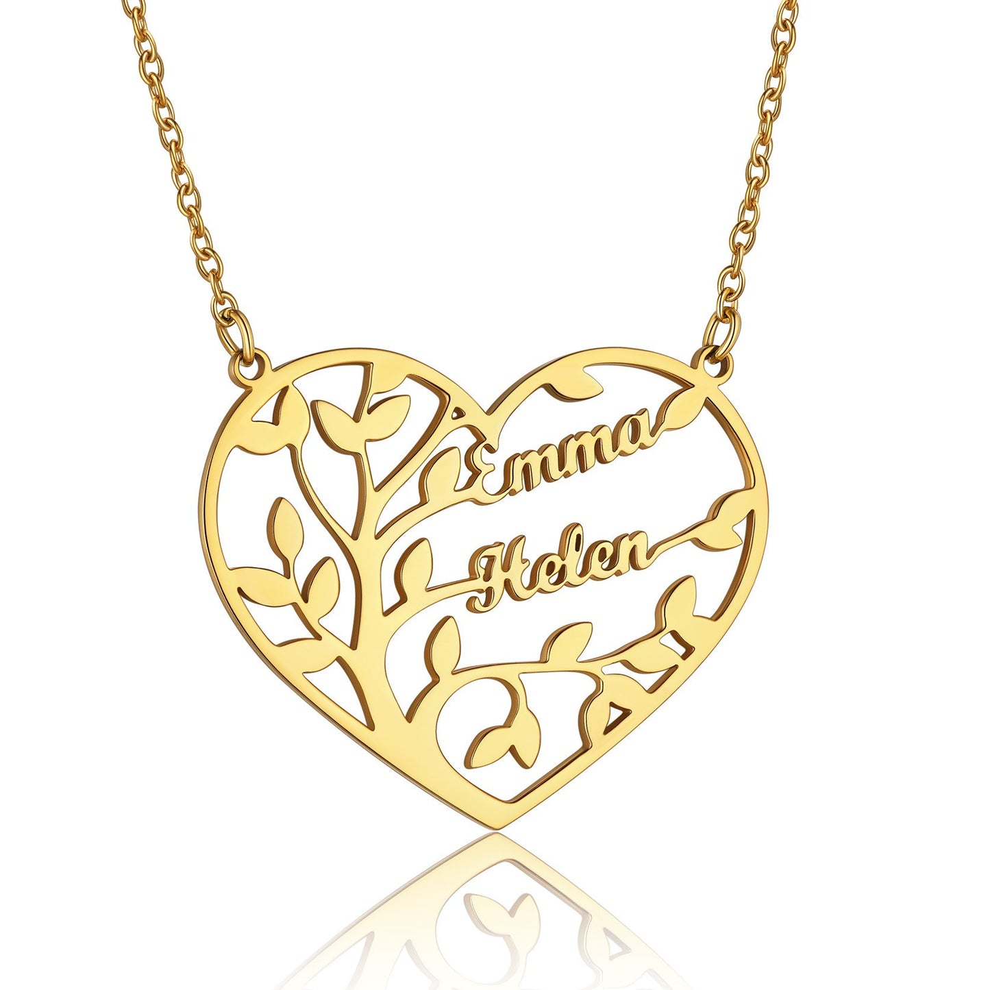 Custom Heart Tree of Life Heart Necklace with 2 Names Gold