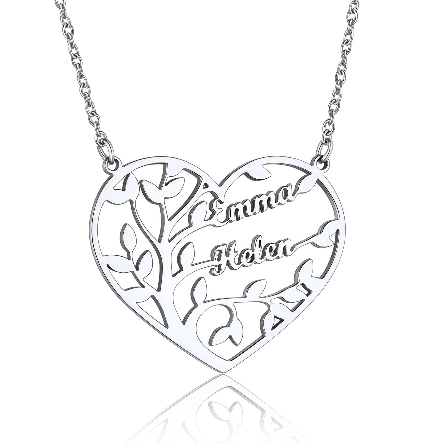 Custom Heart Tree of Life Heart Necklace with 2 Names Steel