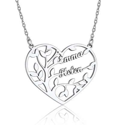 Custom Heart Tree of Life Heart Necklace with 2 Names Steel