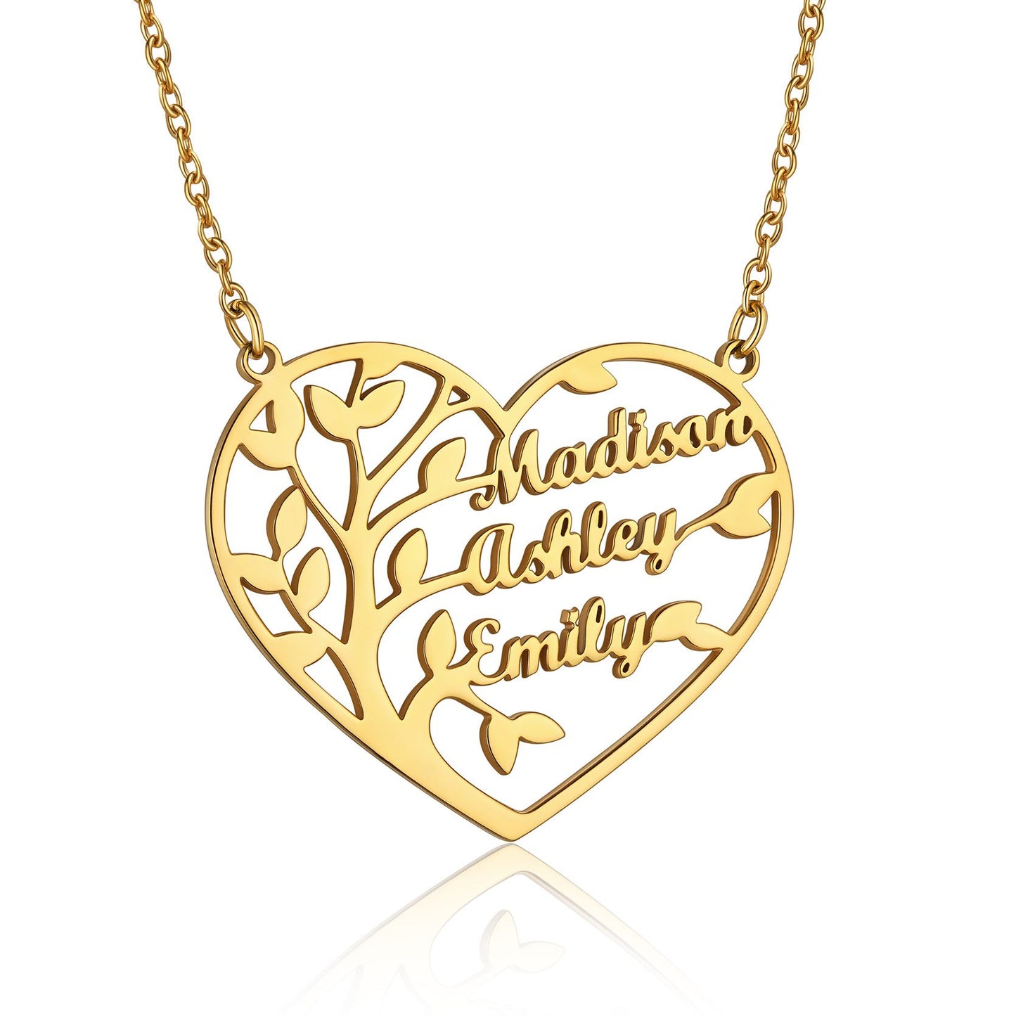 Custom Heart Tree of Life Heart Necklace with 3 Names Gold Plated