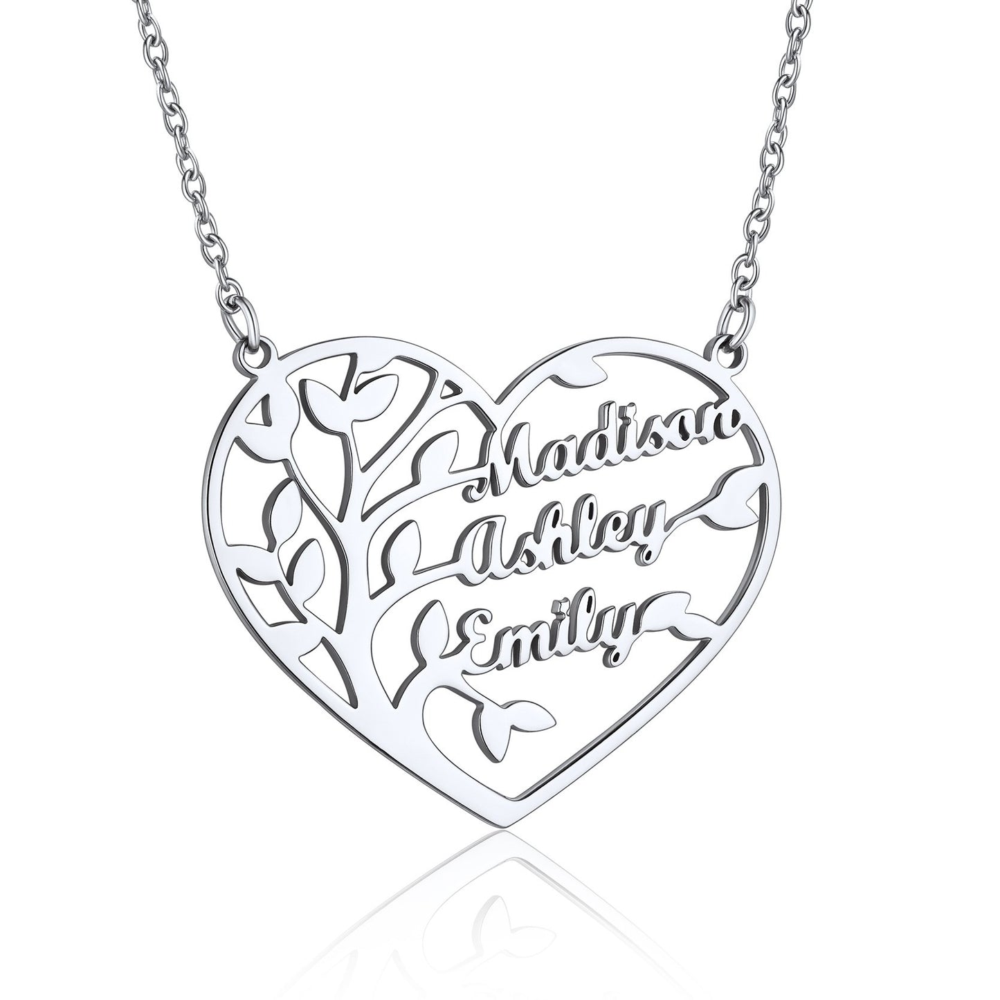 Custom Heart Tree of Life Heart Necklace with 3 Names Steel