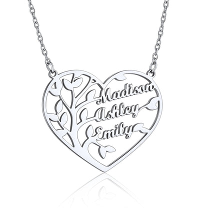 Custom Heart Tree of Life Heart Necklace with 3 Names Steel