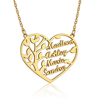 Custom Heart Tree of Life Heart Necklace with 4 Names Gold