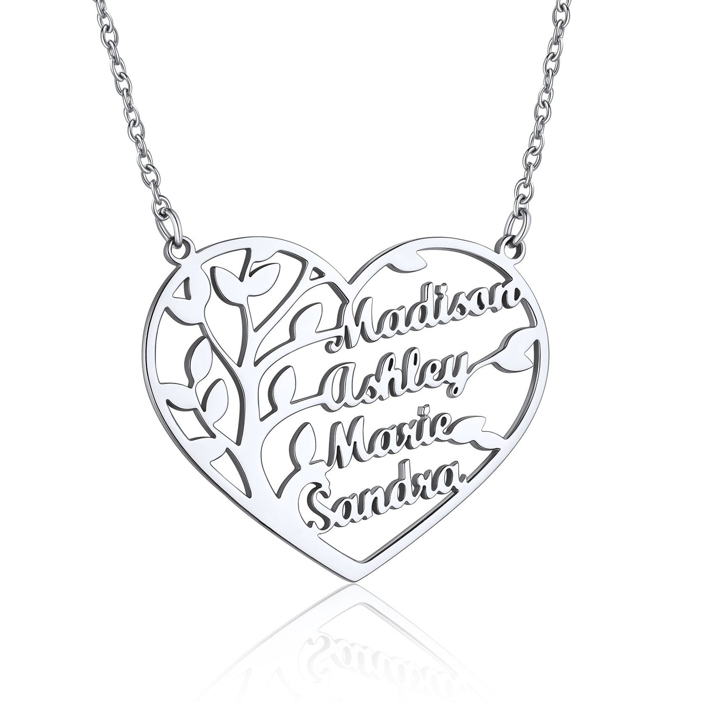 Custom Heart Tree of Life Heart Necklace with 4 Names Steel