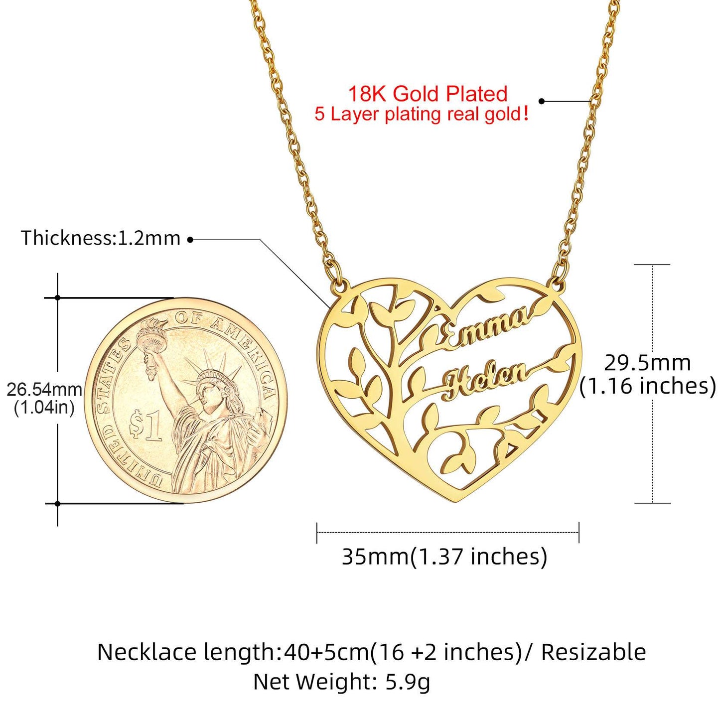 Custom Heart Tree of Life Heart Necklace with Names Dimension, Durable
