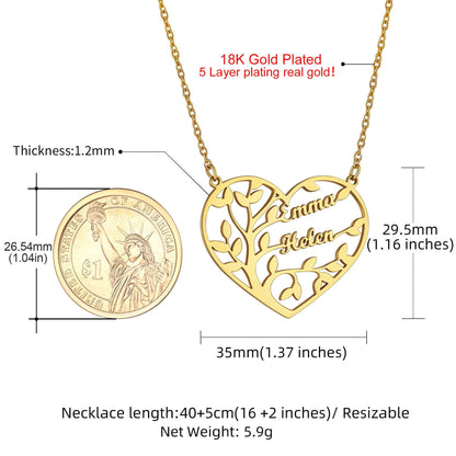 Custom Heart Tree of Life Heart Necklace with Names Dimension, Durable