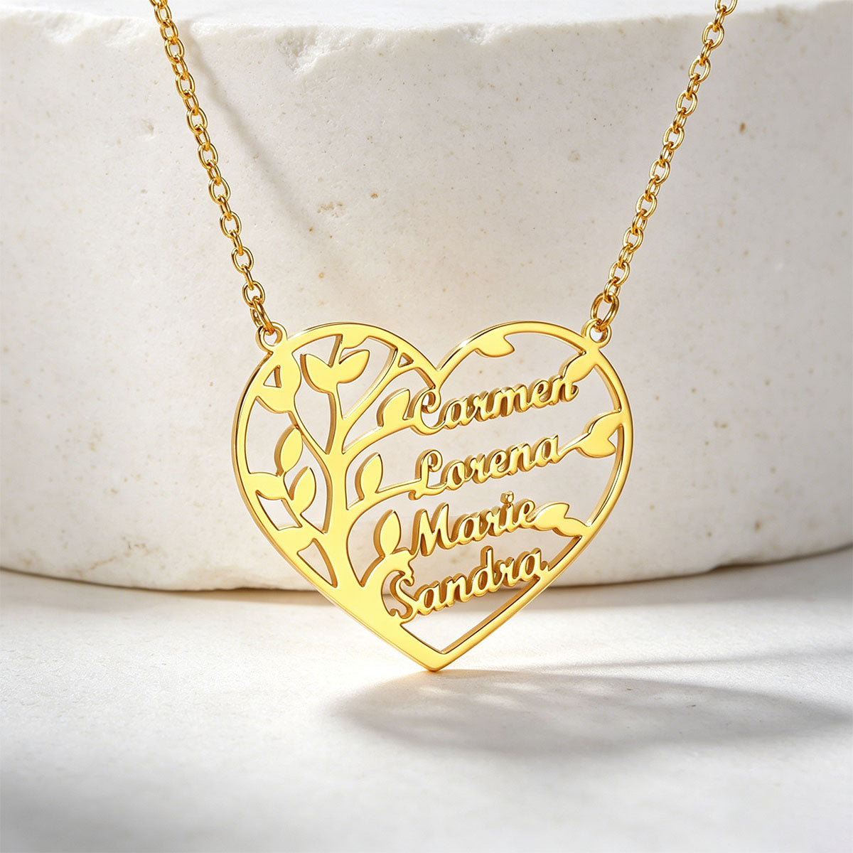 Custom Heart Tree of Life Heart Necklace with Names in Gold Plated