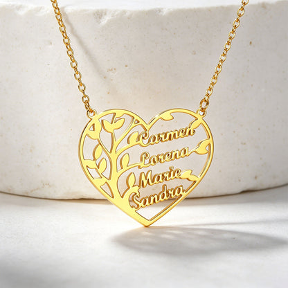 Custom Heart Tree of Life Heart Necklace with Names in Gold Plated