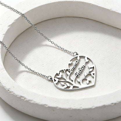 Custom Heart Tree of Life Heart Necklace with Names in Steel