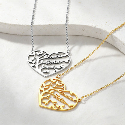 Custom Heart Tree of Life Heart Necklace with Names in different color