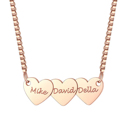 Custom Hearts 3 Names Necklace Rose Gold Plated