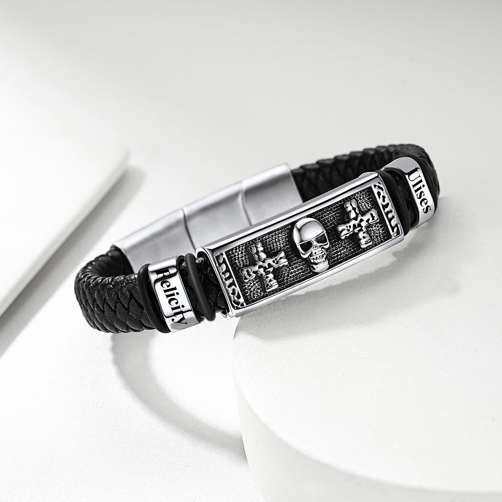 Personalized Engraved Leather Skull Cross Bracelet for Men