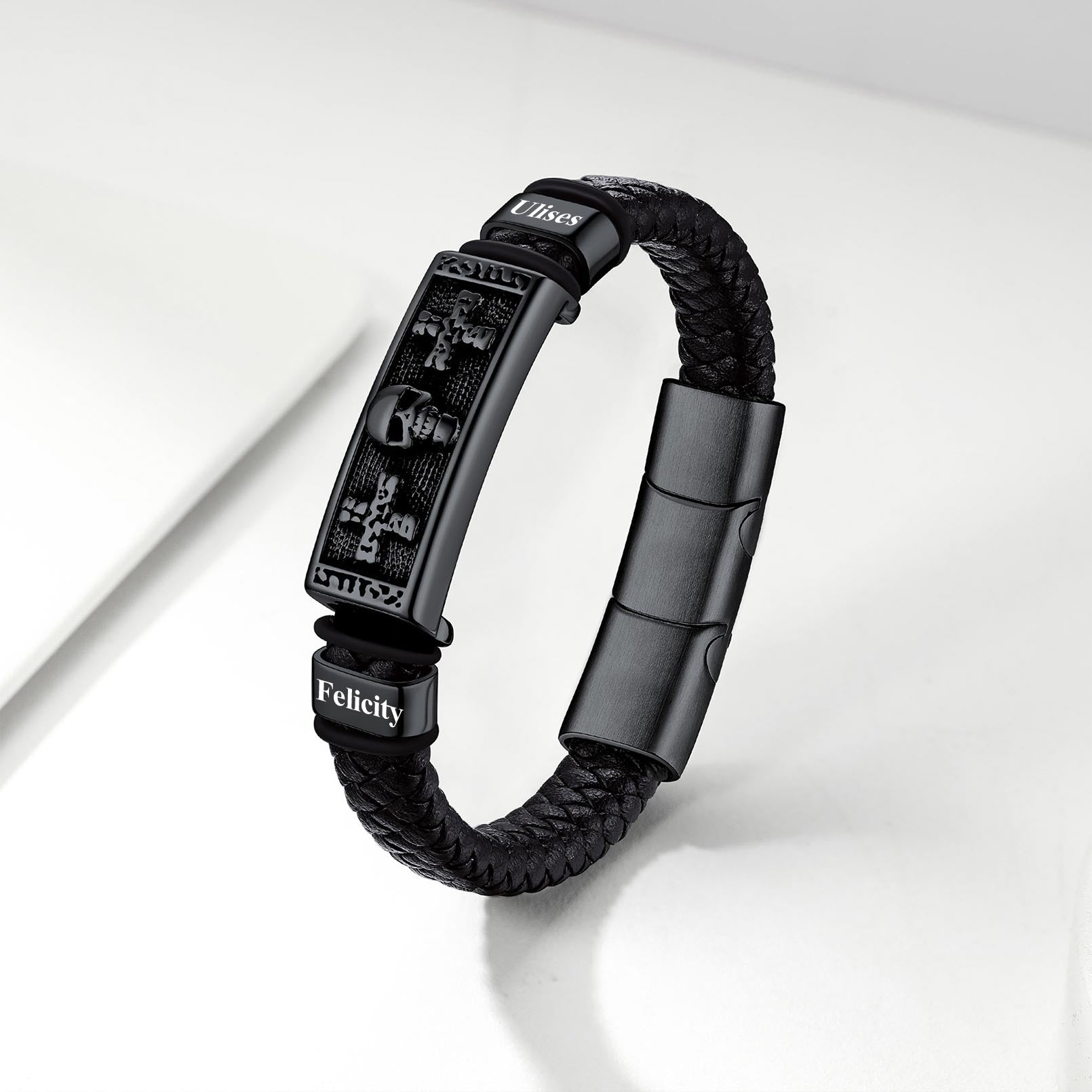 Personalized Engraved Leather Skull Cross Bracelet for Men